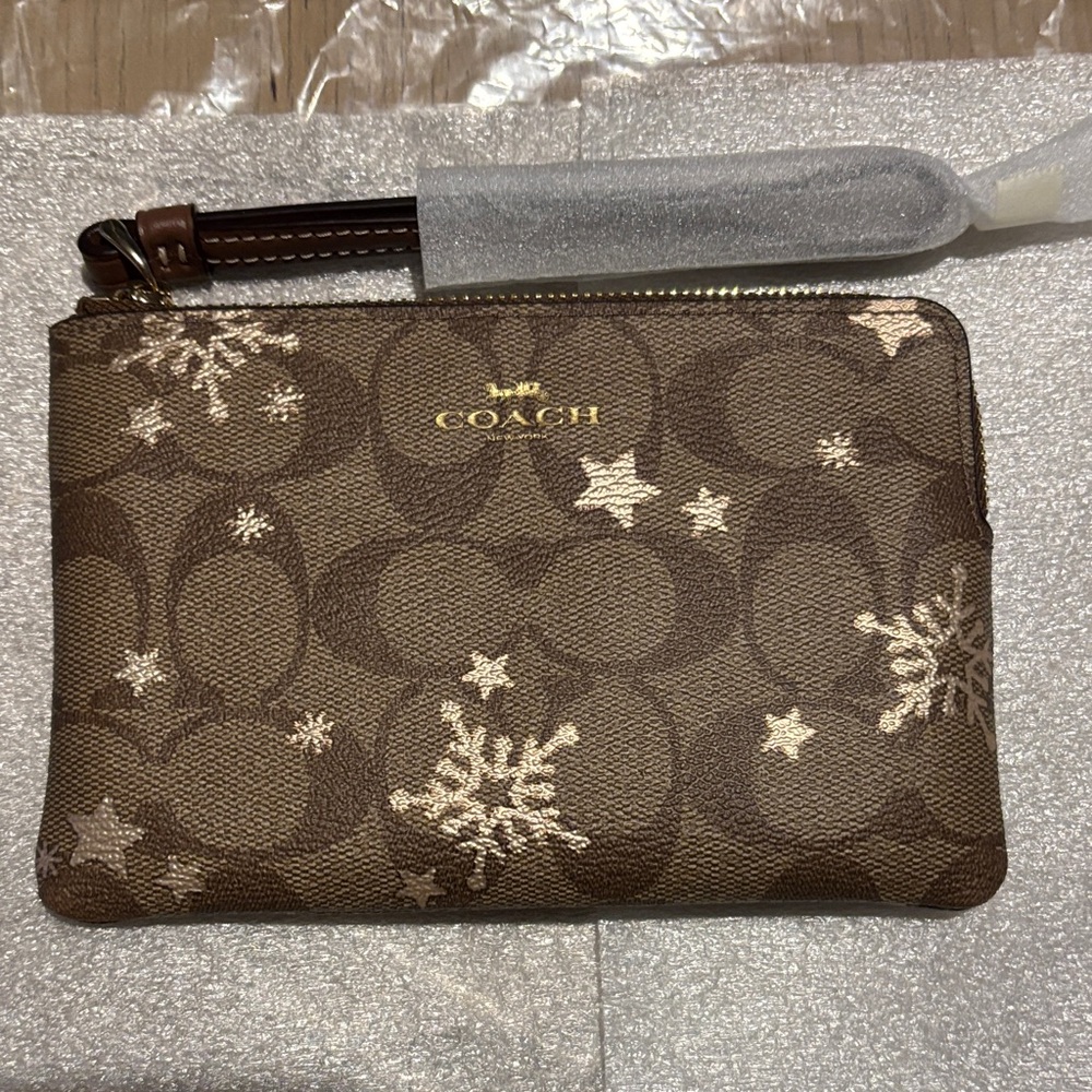 Coach Zip Brown Wristlet with Snowflake
